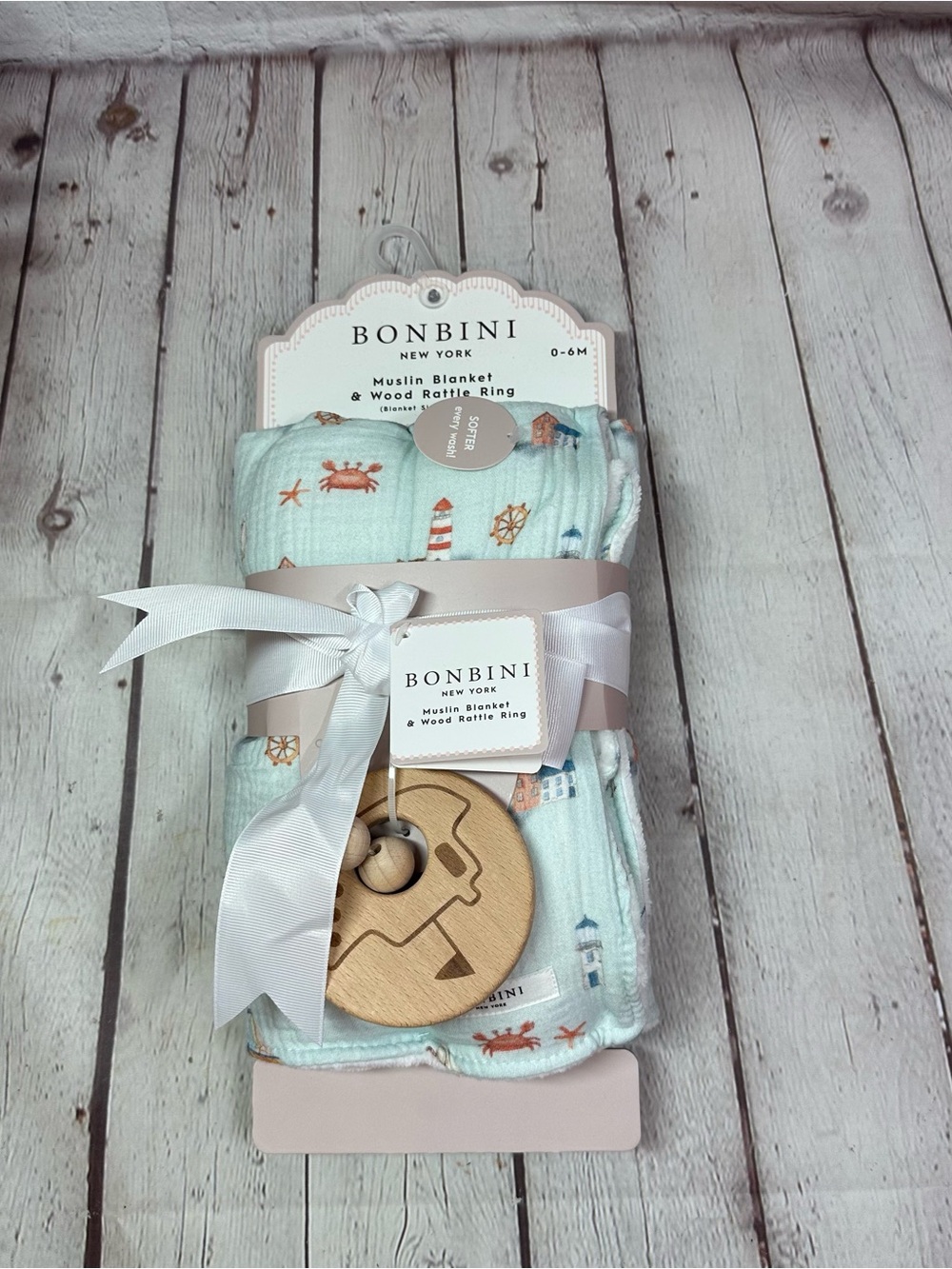 Bonbini Baby Muslin Blanket in Light Aqua with Nautical Print coastal lighthouse